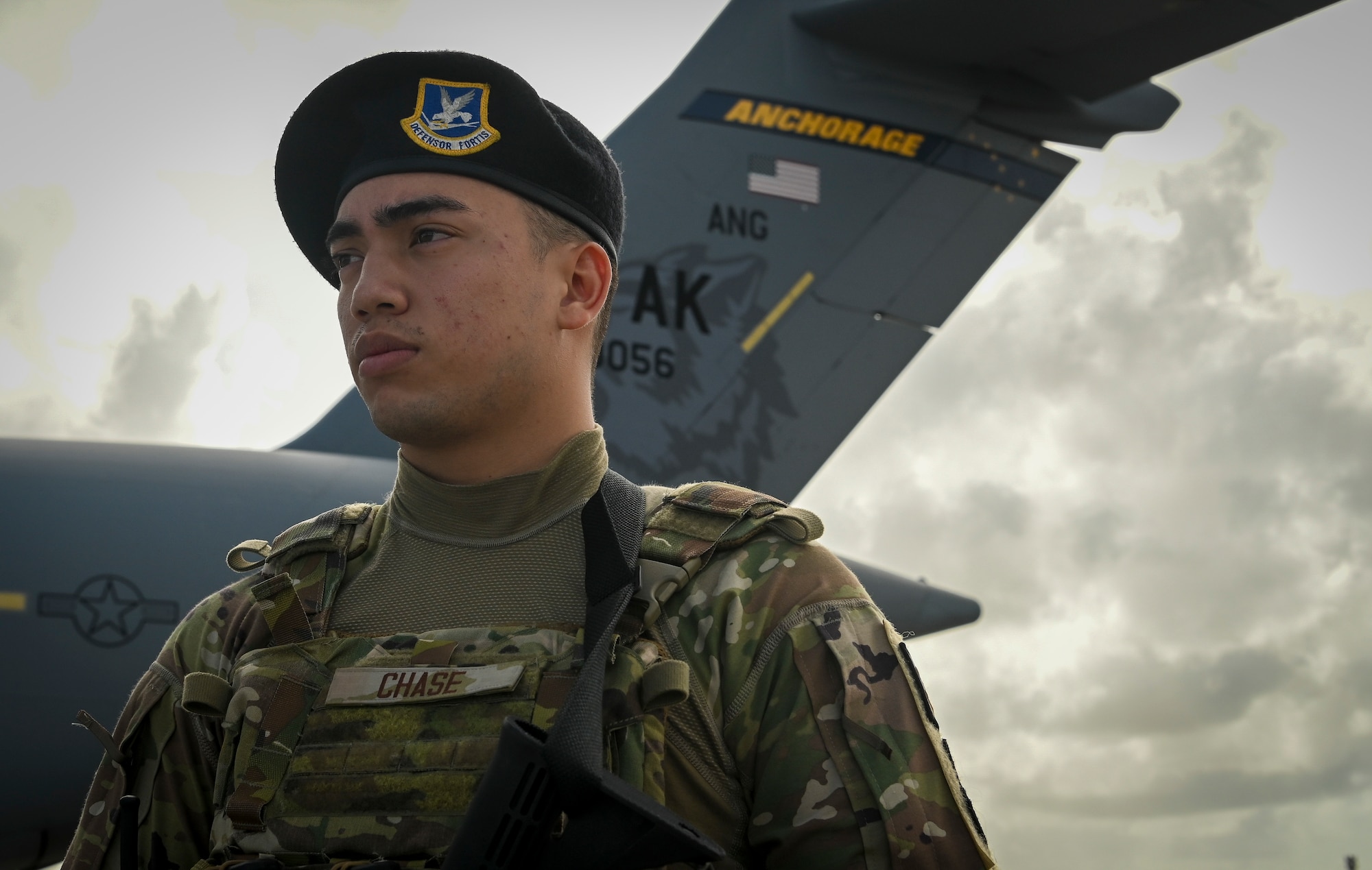 U.S. Air Force Airman 1st Class Brayven Chase, assigned to the 254th Security Forces Squadron, provides flight line security during exercise Cope North 22 on Andersen Air Base, Guam, Feb. 14, 2022.