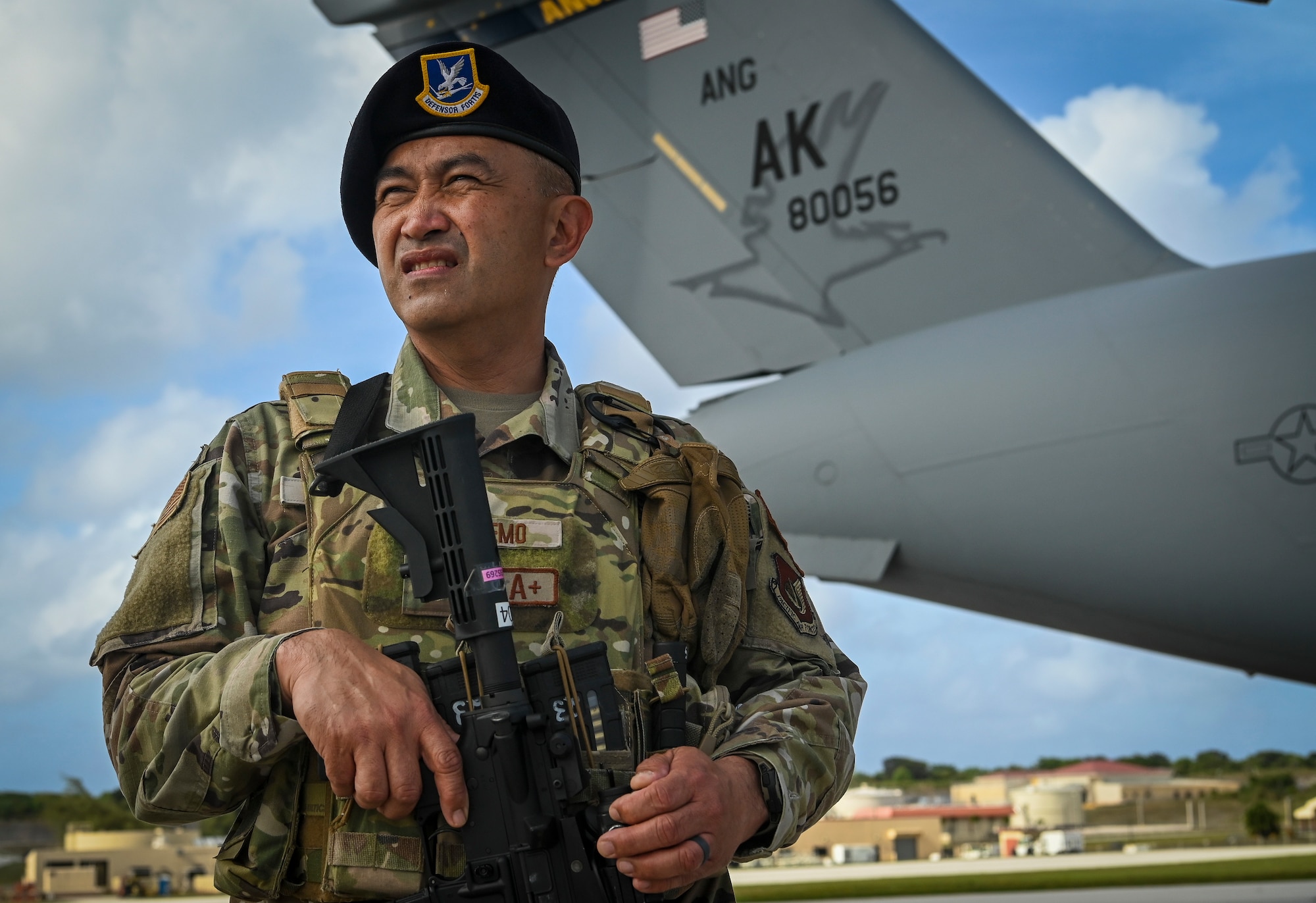 U.S. Air Force Tech. Sgt. Jude Camemo, assigned to the 254th Security Forces Squadron, provides flight line security during exercise Cope North 22 on Andersen Air Base, Guam, Feb. 14, 2022.