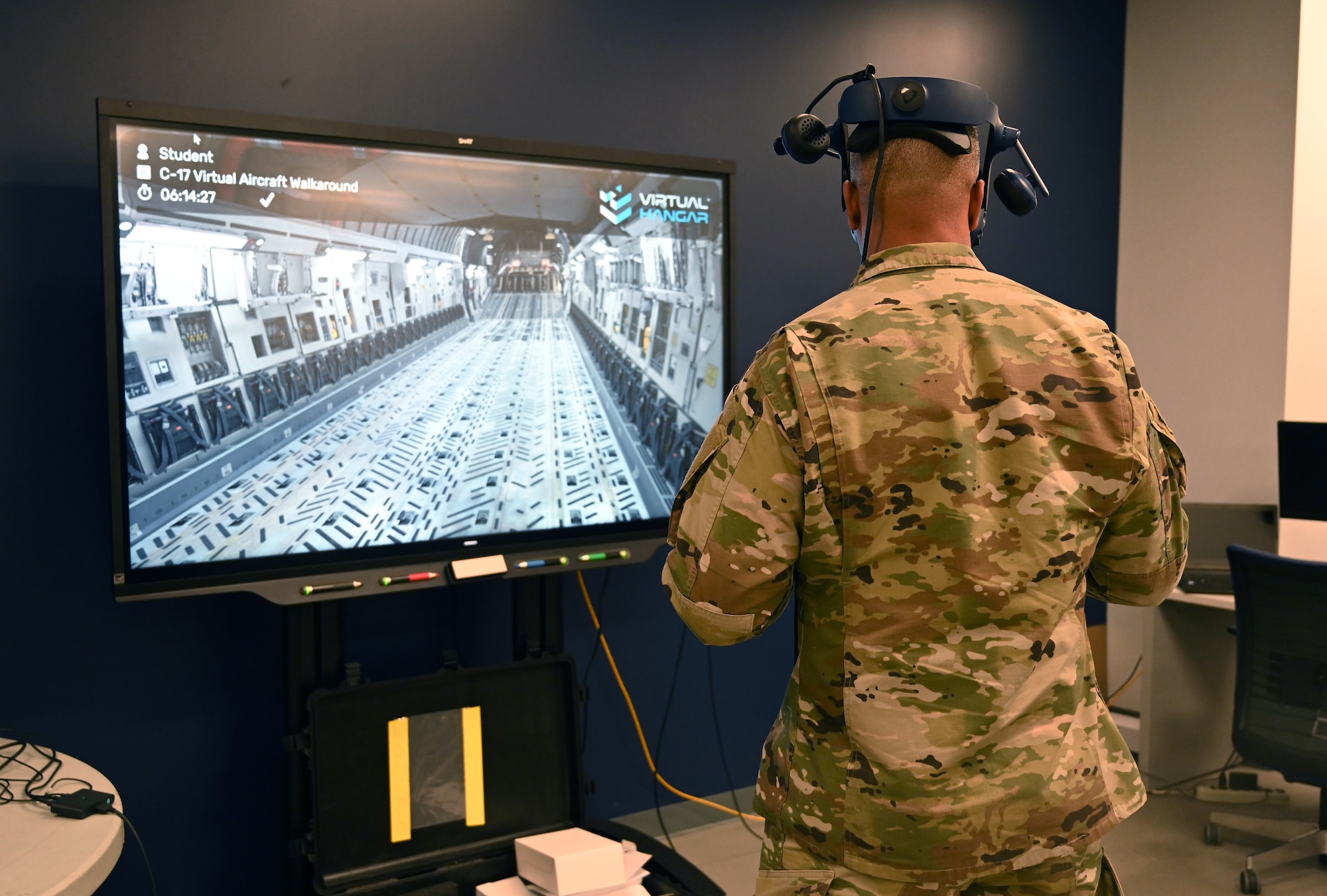 Chief Master Sgt. Timothy C. White, the Air Force Reserve Command Chief, uses a virtual reality training program, at the Pittsburgh International Airport Air Reserve Station, Pennsylvania, Jan. 8, 2022.