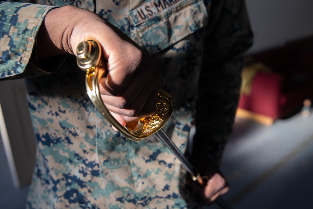 U.S Marine Corps Cpl. Dimerie Williams, a motor vehicle operator, practices with the rifle line with the ceremonial platoon at Marine Corps Base Quantico, Va., Jan. 27. The Ceremonial platoon plans, coordinates, and provides color guard details for on and off ceremonies and conducting funeral details. (U.S. Marine Corps photo by Lance Cpl. Jennifer Sanchez)