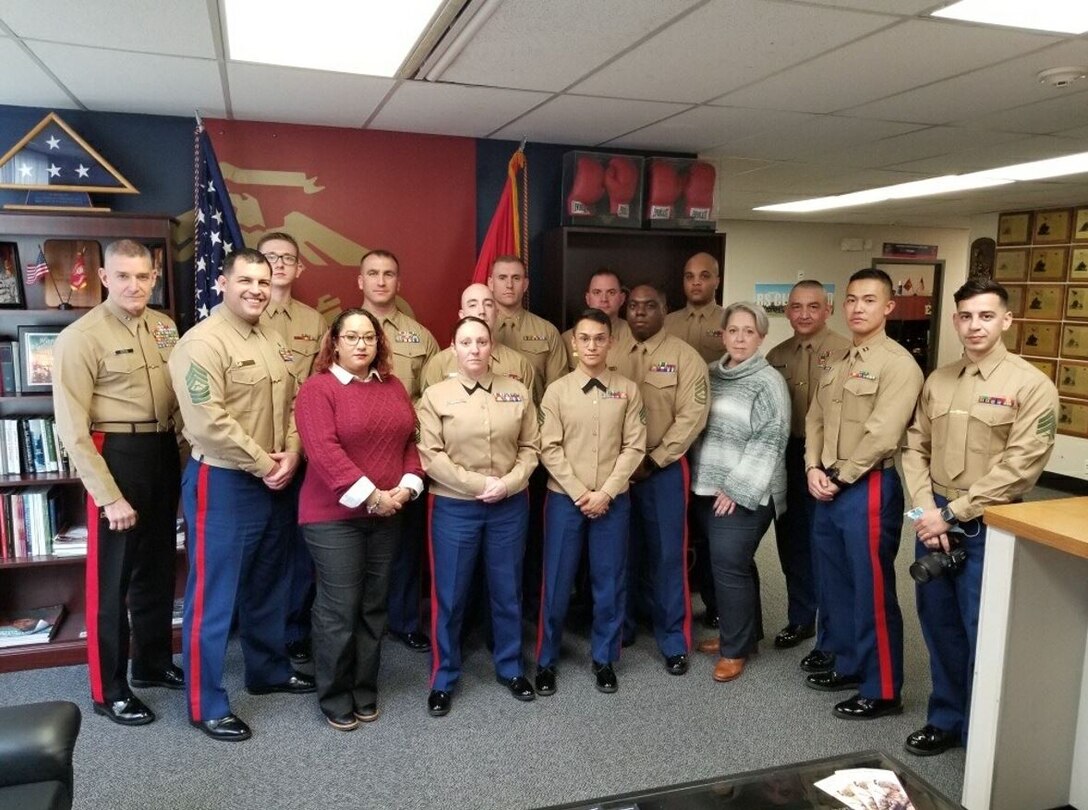 U.S. Marine Corps Major Gen. Jason Q. Bohm, and Sgt. Maj. Adan F. Moreno, Marine Corps Recruiting Command, Commanding General and Sergeant Major visit Recruiting Station Cleveland, Ohio, Feb. 17. Bohm and Moreno spoke with recruiters and command leadership about the importance of taking care of future Marines and congratulated them for their hard work.