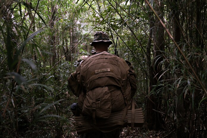 U.S. Marine Corps 1st Lt. Seth McAnally, an infantry platoon commander, with 2nd Battalion, 7th Marines, conducts a patrol during Jungle Warfare Exercise 22  in the Northern Training Area, Okinawa, Japan, Feb. 16th, 2022. JWX 22 is large-scale field training exercise focused on leveraging the integrated capabilities of joint and allied partners to strengthen all-domain awareness, maneuver, and fires across a distributed maritime environment. 2/7 is forward-deployed in the Indo-Pacific under 4th Marines, 3rd Marine Division as a part of the Unit Deployment Program.