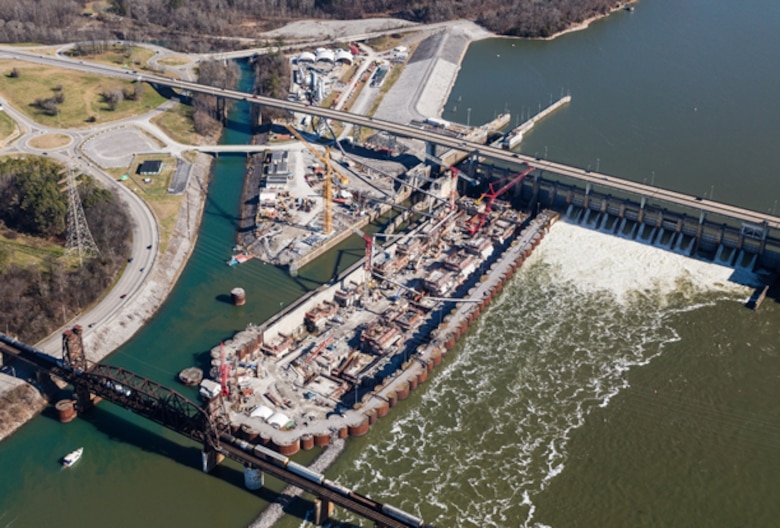Aerial photo of the Chickamauga Lock Replacement Project on the Tennessee River in Chattanooga, Tennessee, where the U.S. Army Corps of Engineers Nashville District is constructing a new navigation lock at the Tennessee Valley Authority project. (USACE Photo)