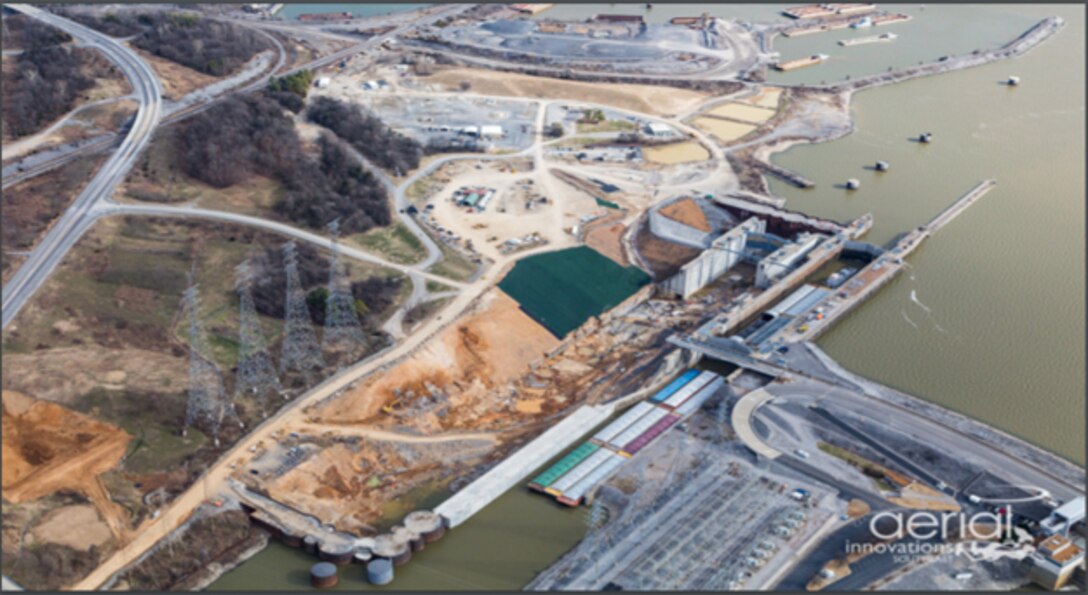 This is the Kentucky Lock Addition Project on the Tennessee River in Grand Rivers, Kentucky. The U.S. Army Corps of Engineers is constructing a larger navigation lock at the Tennessee Valley Authority project. (USACE Photo)