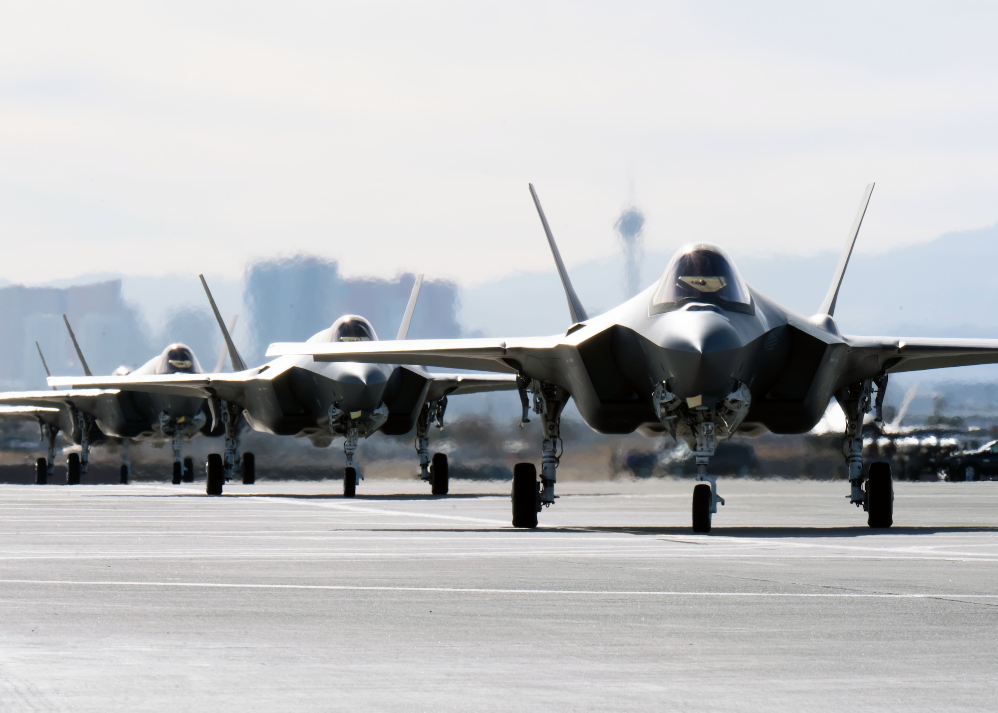 F-35A Lightning IIs from the 388th Fighter Wing's 421st Fighter Squadron taxi