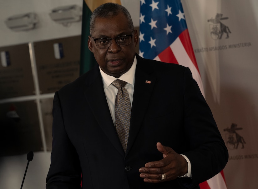 Secretary of Defense Lloyd J. Austin III  speaks during a press conference.