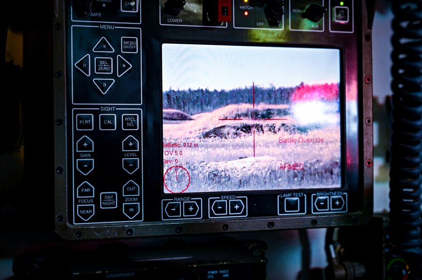 The targeting system display inside an M1126 STRYKER armored personnel carrier assigned to the U.S. 
Army 1st Battalion, 111th Infantry Regiment, on Feb. 11, 2022, at Joint Base
McGuire-Dix-Lakehurst, N.J. Using a training range on ASA Dix, Soldiers conducted table IV STRYKER 
gunnery exercises to enhance combat readiness. During a table IV exercise, STRYKER teams conduct 
target detection, identification, and engagement both stationary and moving. The 111th Infantry 
Regiment has Colonial roots in the American Revolution and was founded by Benjamin Franklin on Nov. 
21, 1747. It is Pennsylvania’s oldest regiment and often
assisted George Washington and the Continental Army alongside the Delaware River.