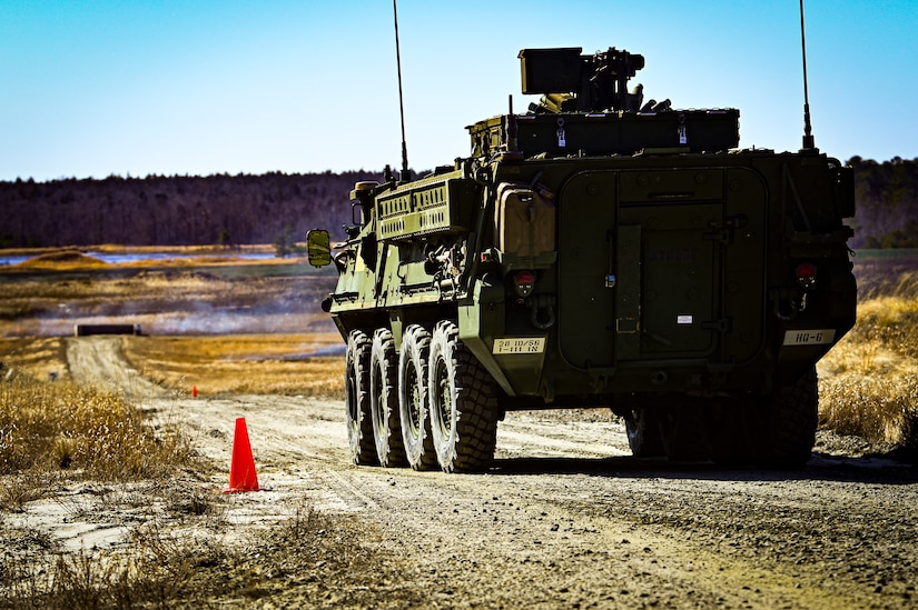 An M1126 STRYKER armored personnel carrier assigned to the 1st Battalion, 111th Infantry Regiment, 
moves to a forward firing position on Feb. 11, 2022, at Joint Base
McGuire-Dix-Lakehurst, N.J. Using a training range on ASA Dix, Soldiers conducted table IV STRYKER 
gunnery exercises to enhance combat readiness. During a table IV exercise, STRYKER teams conduct 
target detection, identification, and engagement both stationary and moving. The 111th Infantry 
Regiment has Colonial roots in the American Revolution and was founded by Benjamin Franklin on Nov. 
21, 1747. It is Pennsylvania’s oldest regiment and often
assisted George Washington and the Continental Army alongside the Delaware River.