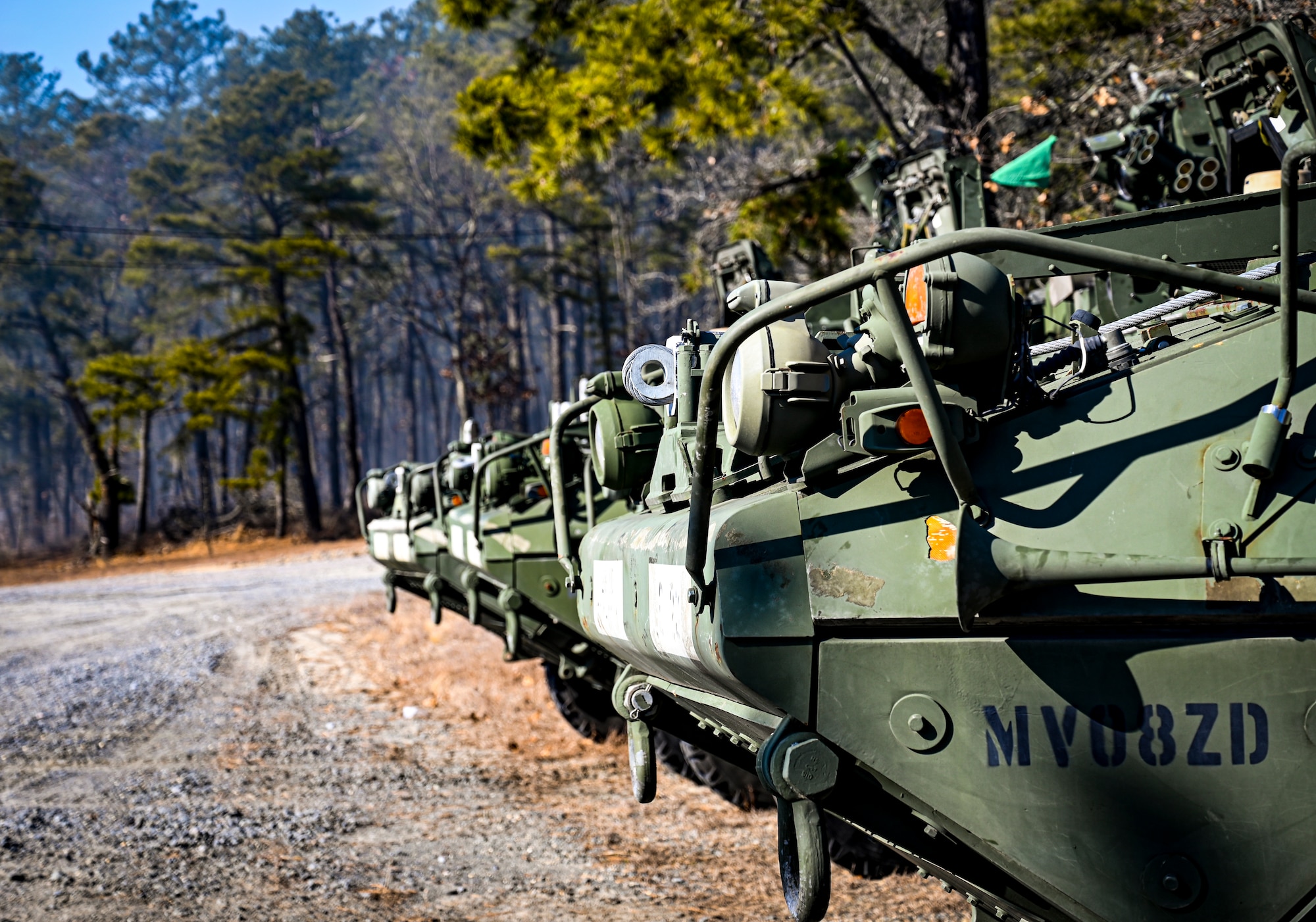 M1126 STRYKER armored personnel carriers assigned to the 1st Battalion, 111th Infantry Regiment, 
stage for maintenance and inspection on Feb. 11, 2022, at Joint Base
McGuire-Dix-Lakehurst, N.J. Using a training range on ASA Dix, Soldiers conducted table IV STRYKER 
gunnery exercises to enhance combat readiness. During a table IV exercise, STRYKER teams conduct 
target detection, identification, and engagement both stationary and moving. The 111th Infantry 
Regiment has Colonial roots in the American Revolution and was founded by Benjamin Franklin on Nov. 
21, 1747. It is Pennsylvania’s oldest regiment and often
assisted George Washington and the Continental Army alongside the Delaware River.