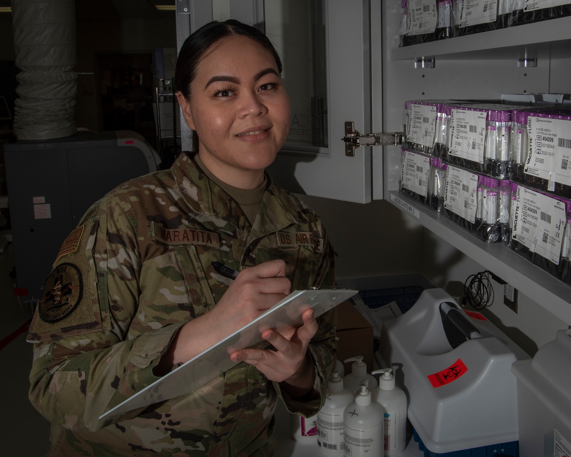 Senior Airman Consuelo Maratita, 4th Healthcare Operations Squadron medical laboratory technician, performs inventory of laboratory supplies at Seymour Johnson Air Force Base, North Carolina, Feb. 9, 2022.