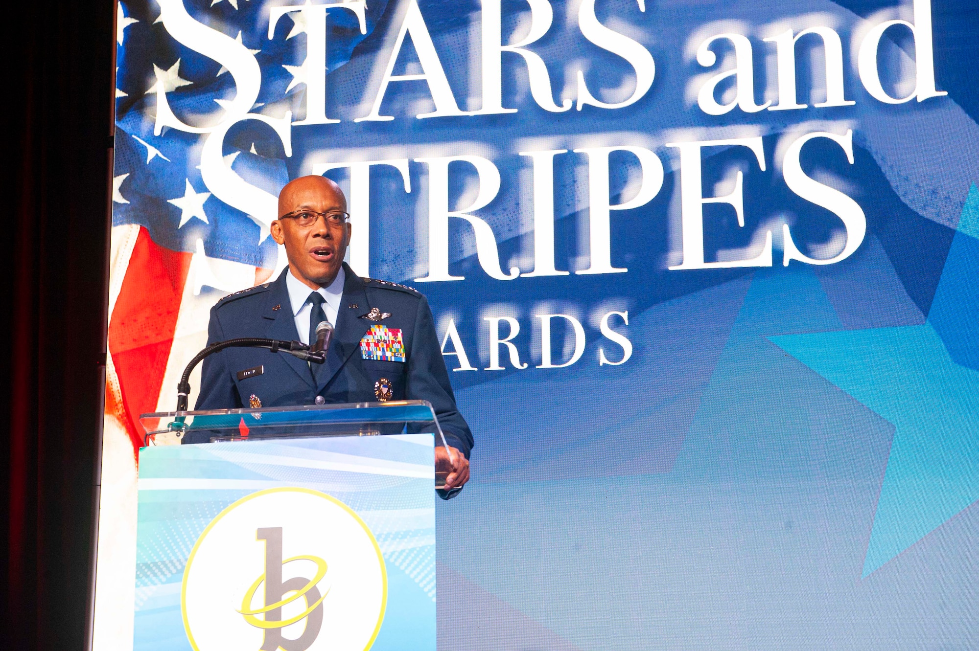Air Force Chief of Staff Gen. CQ Brown, Jr. Gives the keynote address at the Stars and Stripes Youth Mentoring session and award ceremony as part of the 2022 Black Engineer of the Year Science, Technology, Engineering and Mathematics conference in Washington, D.C., Feb. 18, 2022. The ceremony offered an opportunity to recognize the contributions of Airmen, Guardians and other Defense Department exemplars who have advocated and mentored in STEM-related fields. (U.S. Air Force photo by Staff Sgt. Nicolas Z. Erwin)