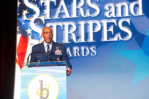 Air Force Chief of Staff Gen. CQ Brown, Jr. recognizes Col. Jenise M. Carroll, the 75th Air Base Wing commander at Hill Air Force Base, Utah, as one of two Air Force Military Service Award recipients named during the 2022 Black Engineer of the Year Science, Technology, Engineering and Mathematics conference in Washington, D.C., Feb. 18, 2022. Carroll was recognized for her tremendous accomplishments and mentorship in STEM career fields over the course of the past year. (U.S. Air Force photo by Staff Sgt. Nicolas Z. Erwin)