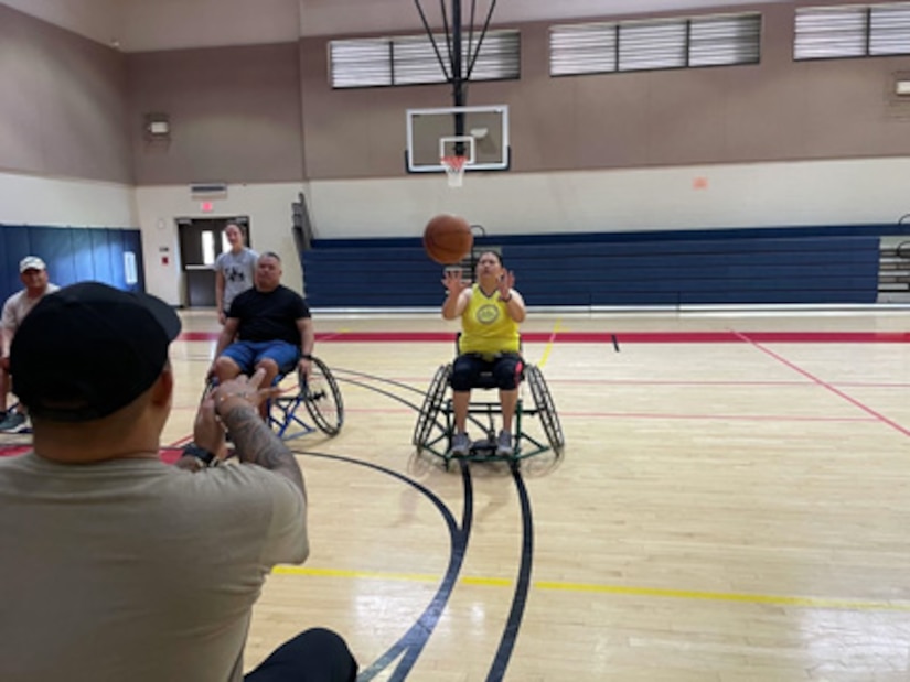 Recovering Soldiers participate in a wheelchair basketball session at the Schofield Barracks Soldier Recovery Unit (SRU) in Hawaii