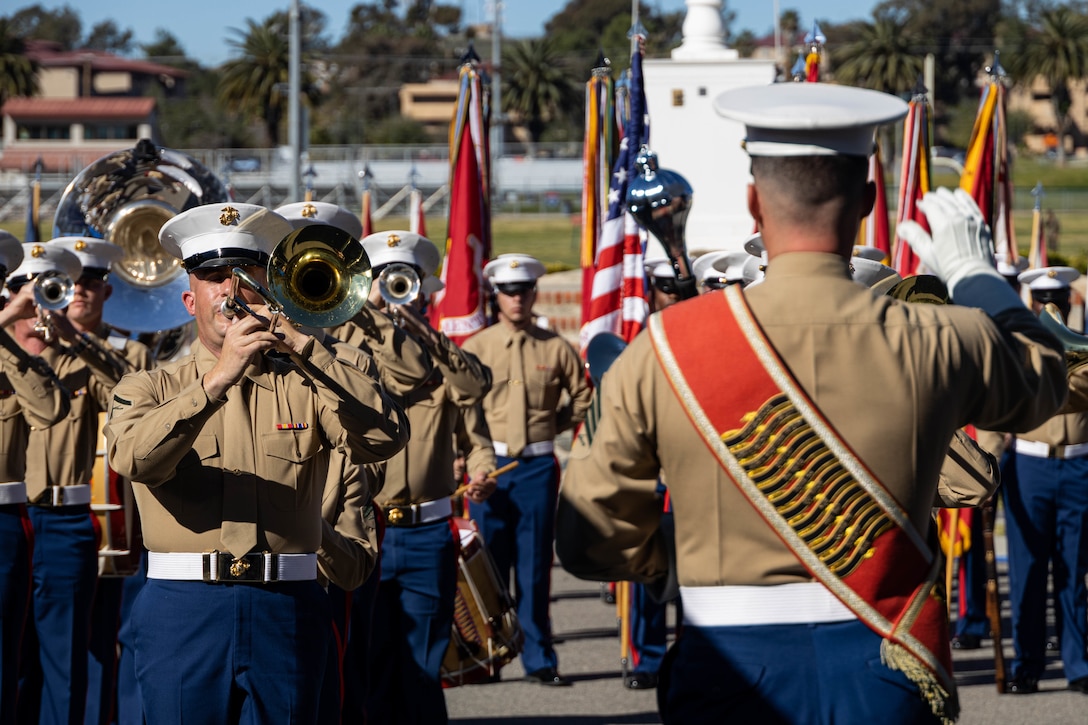 U.S. Marines with the 1st Marine Division Band perform during the Division’s 81st Anniversary Ceremony at Marine Corps Base Camp Pendleton, California, Feb. 11, 2021. Veterans and active duty Marines and Sailors who served in the division participated in the ceremony celebrating the oldest, largest and most decorated division in the Marine Corps. (U.S. Marine Corps photo by Sgt. Jailine L. AliceaSantiago)