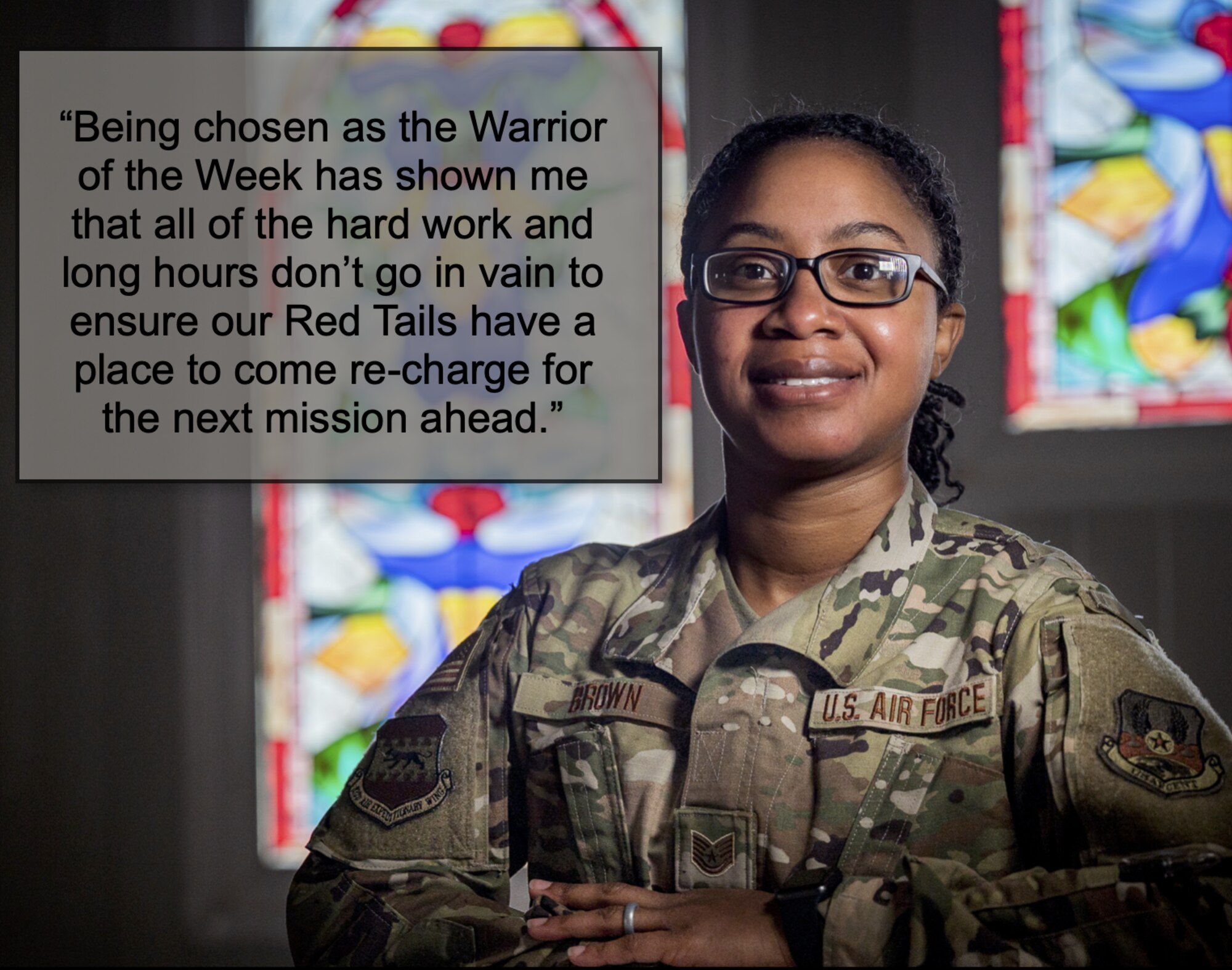Warrior of the Week, 332d Air Expeditionary Chapel
332d Air Expeditionary Wing Warrior of the Week for the week of Feb. 20, 2022 is Tech. Sgt. Brandy M. Brown, 332d Air Expeditionary Wing Religious Affairs Airman. (Photo illustration by Master Sgt. Christopher Parr)