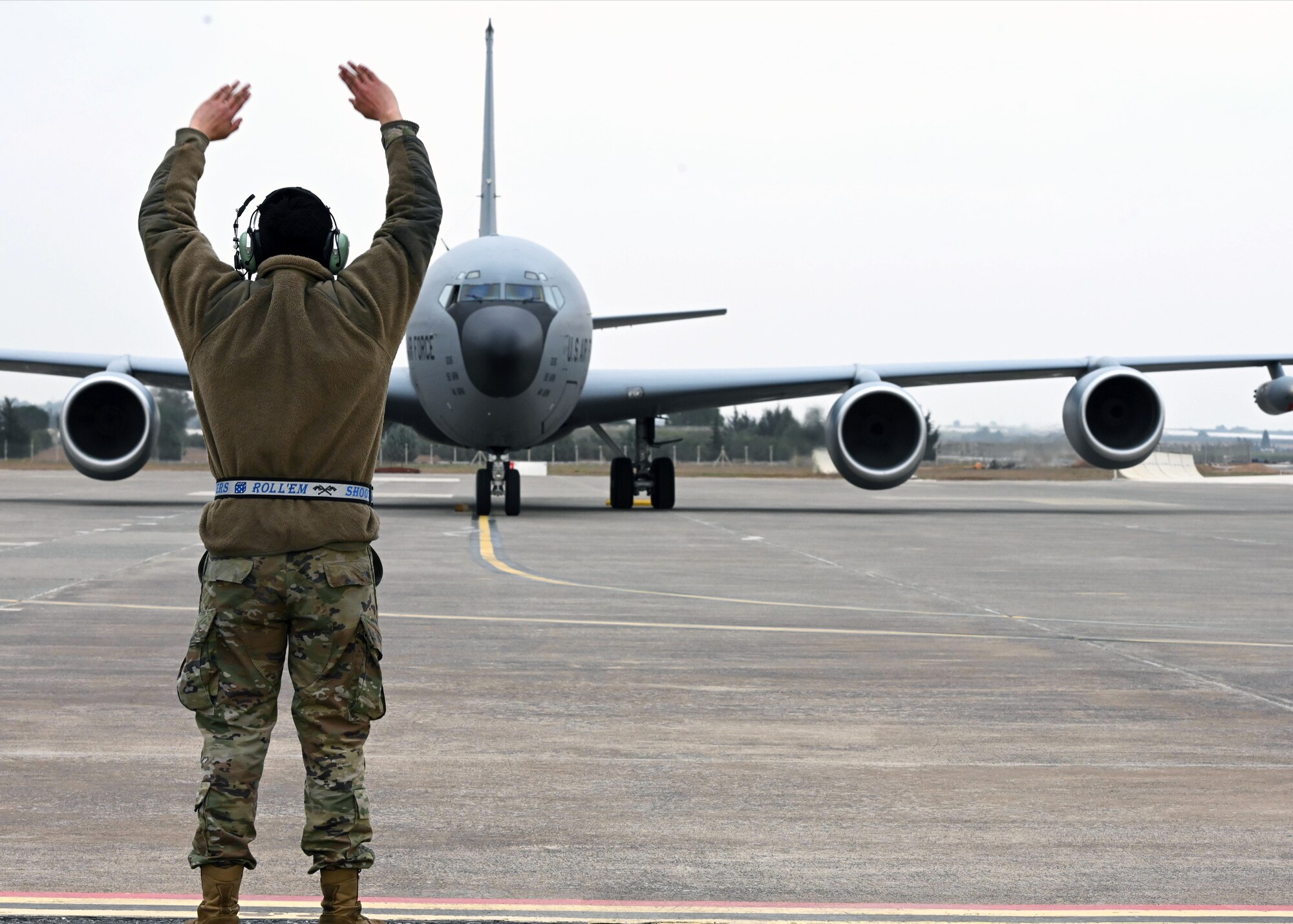Airmen assigned to the 384th Expeditionary Air Refueling Squadron and the 55th Expeditionary Fighter Generation Squadron refuel a KC-135 Stratotanker at Incirlik Air Base, Turkey, Feb. 3, 2022. The 384th EARS trained the 55th EFGS as part of an Agile Combat Employment event, enabling Airmen to operate from various locations and deliver lethal combat power across the spectrum of military operations.