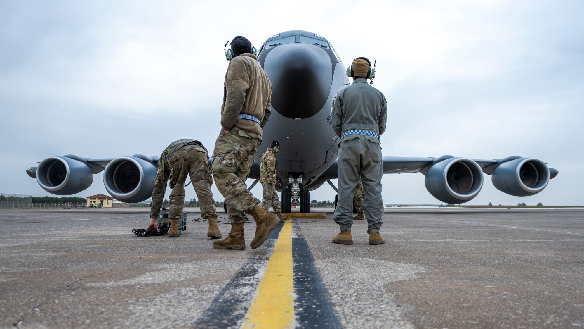 Airmen assigned to the 384th Expeditionary Air Refueling Squadron and the 55th Expeditionary Fighter Generation Squadron refuel a KC-135 Stratotanker at Incirlik Air Base, Turkey, Feb. 3, 2022. The 384th EARS trained the 55th EFGS as part of an Agile Combat Employment event, enabling Airmen to operate from various locations and deliver lethal combat power across the spectrum of military operations.