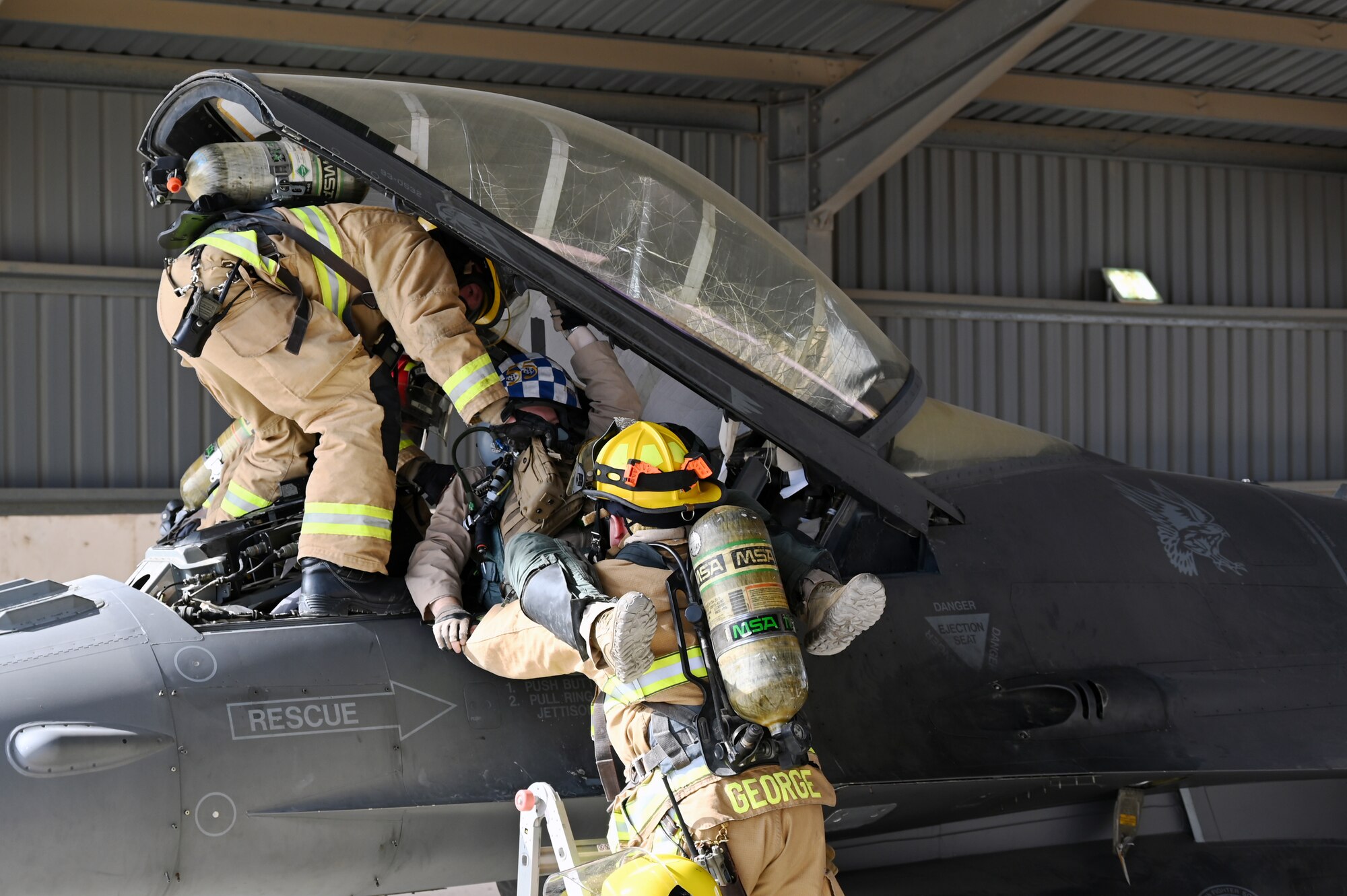 The 332d Expeditionary Civil Engineer Squadron Fire Department exercised their emergency response procedures for the F-16 Fighting Falcon Feb. 18 and 19, 2022.