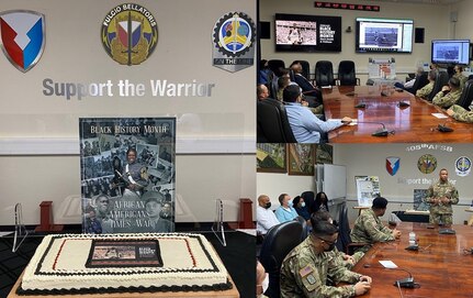 Special posters and an elaborately decorated cake adorned the 405th Army Field Support Brigade’s main conference room for its Black History Month observation and recognition event Feb. 22. Soldiers, Army civilians and local national employees from the 405th AFSB participated, both in person and virtually. (Photo by Cameron Porter)