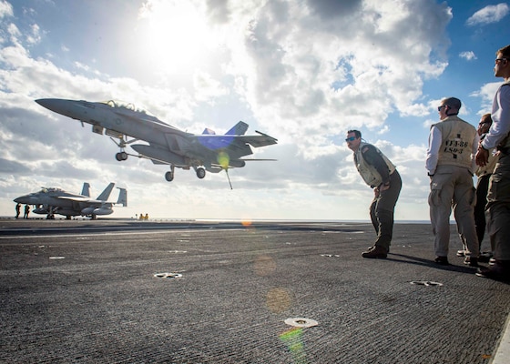 USS George H.W. Bush (CVN 77) conducts flight operations in the Atlantic Ocean.