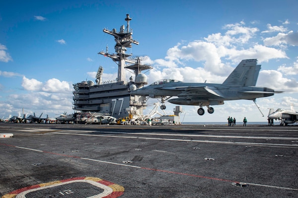 USS George H.W. Bush (CVN 77) conducts flight operations in the Atlantic Ocean.