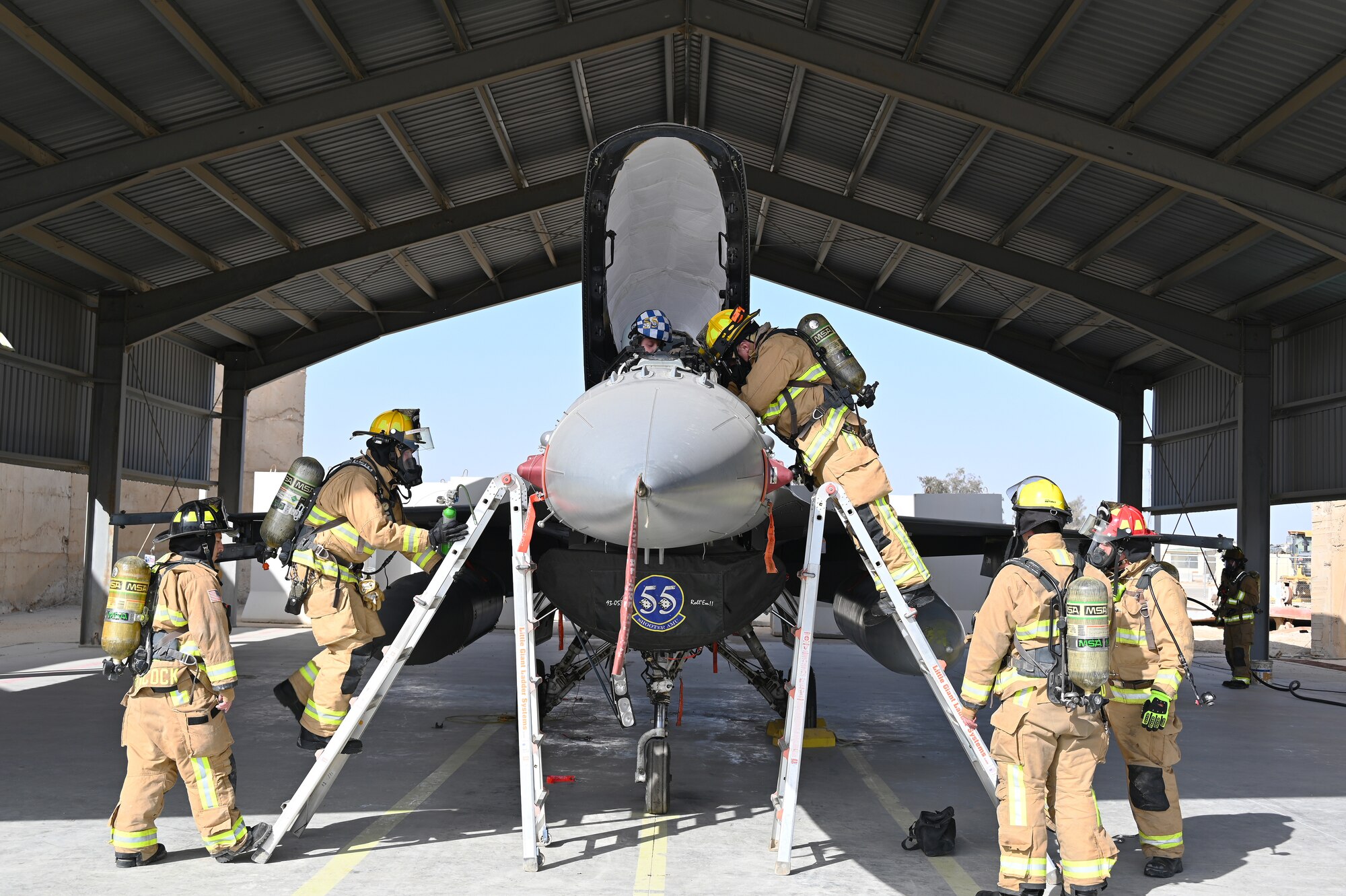The 332d Expeditionary Civil Engineer Squadron Fire Department exercised their emergency response procedures for the F-16 Fighting Falcon Feb. 18 and 19, 2022.