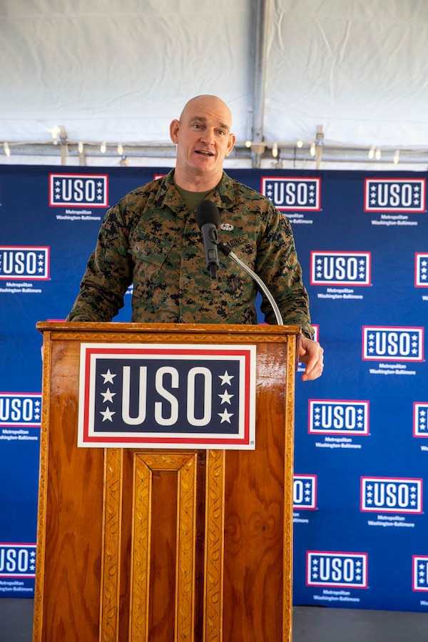 U.S. Marine Corps Sgt. Maj. Troy E. Black, the 19th Sergeant Major of the Marine Corps speaks during the opening ceremony of a new United Service Organization (USO) building at Marine Corps Base Quantico, Virginia, Feb. 15 2022. The new location has been dedicated to video game entertainment and houses state of the art gaming equipment. The opening of this USO location marks the second location established on Quantico to allow Marines easier access to the serviced provided by the USO. (U.S. Marine Corps photo by Staff Sgt. Victoria Ross)