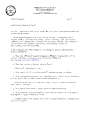 Commander's Memorandum for Record approving Soldier to apprenticeship