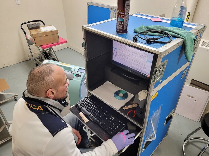 Dr. Nathanael Rodriguez-Sanchez performs maintenance activities as part of his job as a team lead and Forward Repair Activity-Medical team member at the U.S. Army Medical Materiel Agency’s Medical Maintenance Operations Division in Tracy, California.