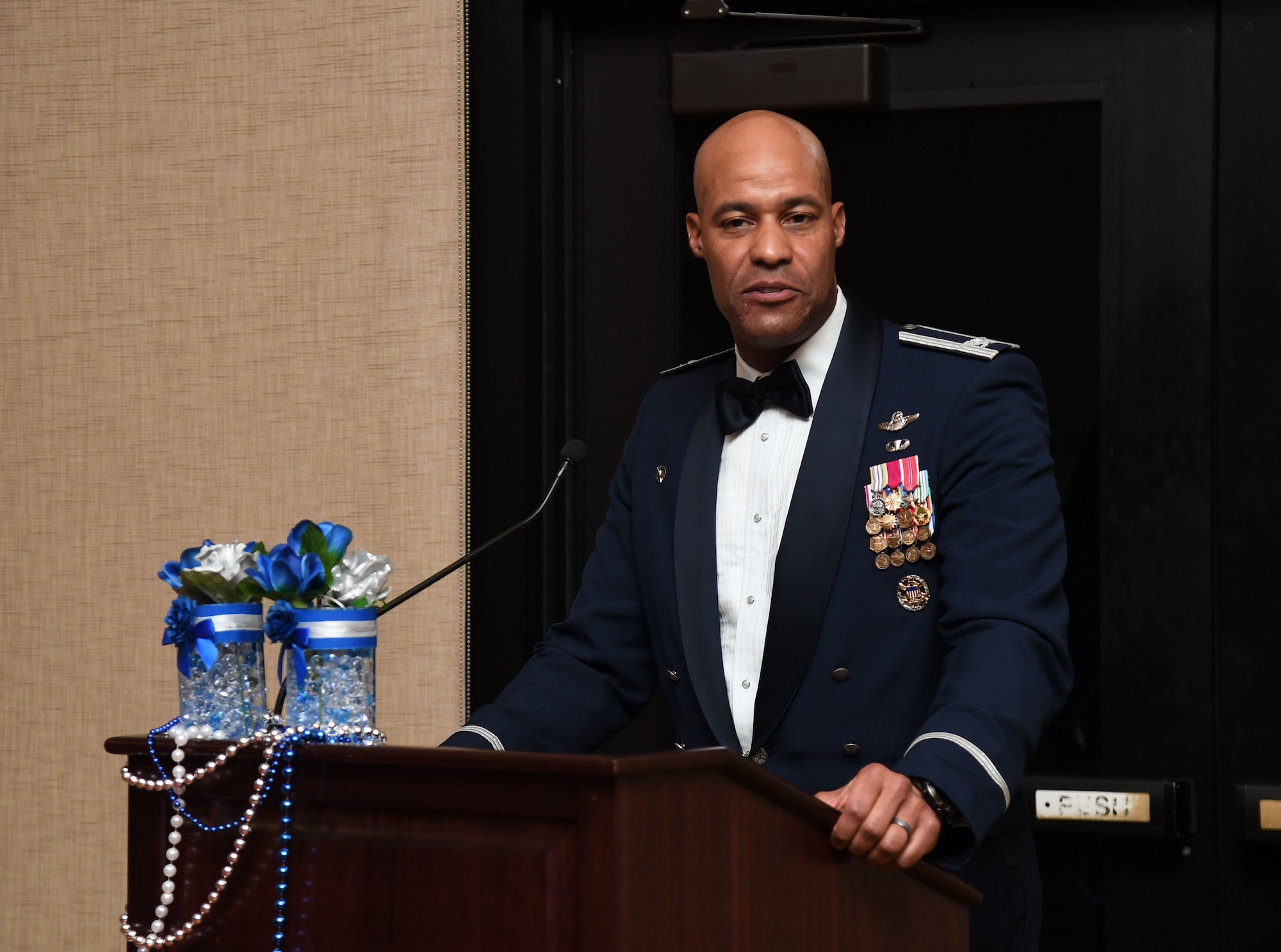 U.S. Air Force Col. Terence Taylor, 27th Special Operations Wing commander, Cannon Air Force Base, New Mexico, delivers remarks during the 81st Training Wing's 2021 Annual Awards Ceremony inside the Bay Breeze Event Center at Keesler Air Force Base, Mississippi, Feb. 17, 2022. During the ceremony, base leadership recognized outstanding Airmen and civilians from across the installation for their accomplishments throughout 2021. (U.S. Air Force photo by Kemberly Groue)