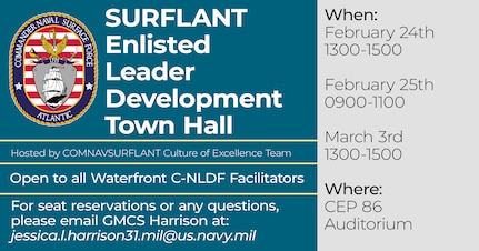 The Enlisted Leader Development (ELD) Town Hall will be offered here in Norfolk at CEP-86, on Feb. 24, 25, and March 3, 2022.