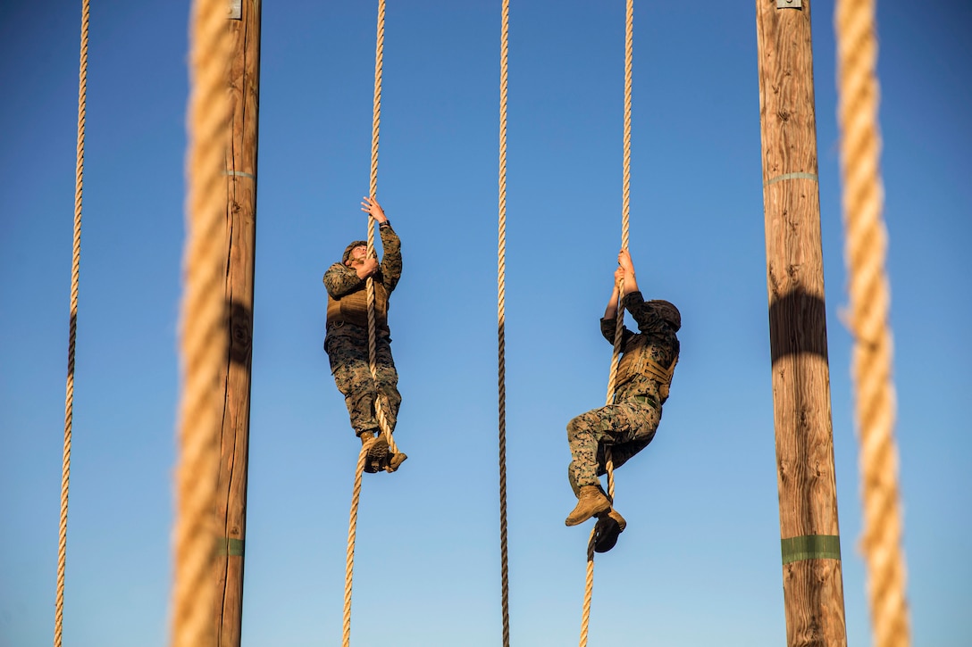 Two Marines climb ropes next to each other.