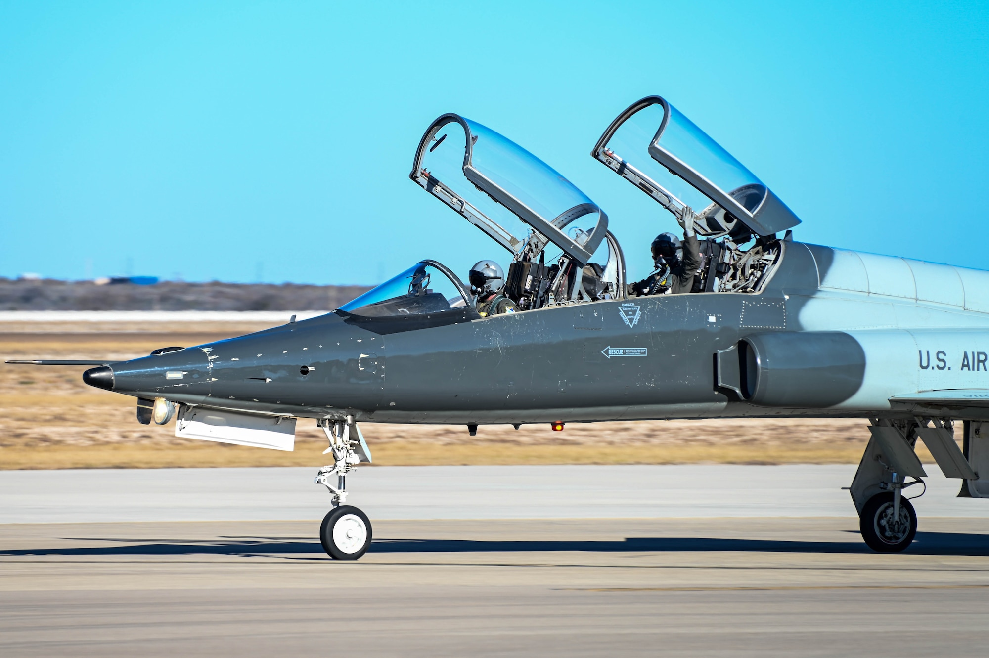One T-38 Talon instructor pilot and student pilot taxi after landing at Laughlin Air Force Base, Texas, Feb. 1, 2022. Approximately 700 missions with the T-38s were able to be completed because of the COPE THAW mission. (U.S. Air Force photo by Senior Airman Kayla Christenson)