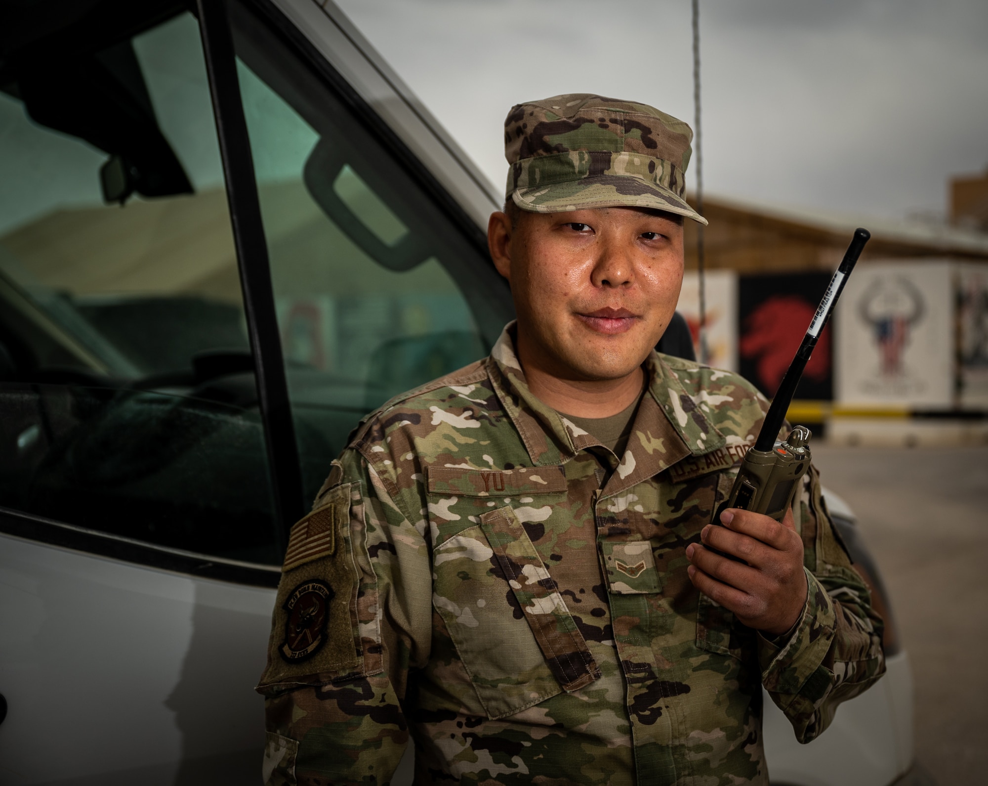 Airman First Class Won Sun Yu, 332d Expeditionary Civil Engineer Squadron force protection team member, poses for a portrait in Southwest Asia, Feb. 19, 2022. (U.S. Air Force photo by Master Sgt. Christopher Parr)