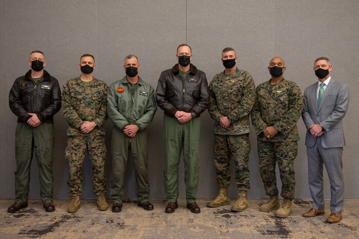 The commanders of all four Marine Aircraft Wings pose for a photo with Lt. Gen. Mark R. Wise (center), Deputy Commandant for Aviation, at Marine Corps Air Station, Cherry Point, North Carolina on Feb. 8, 2021. Wise visited Cherry Point to discuss talent management in aviation capabilities in the future of the United States Marine Corps.