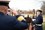 Gen. Paul Nakasone, Commander of U.S. Cyber Command and Director of the National Security Agency, returns a salute render from Coast Guard Rear Adm. Bill Kelly, Superintendent of the Coast Guard Academy, Jan. 20, 2022. Nakasone visited the Coast Guard Academy to discuss the vitality of cyber security infrastructure in an increasingly technological world with both senior leadership and cadets. (U.S. Coast Guard photo by Petty Officer 3rd Class Matthew Abban)