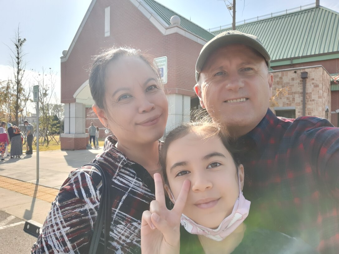 The St. Louis family attends church at USAG Humphreys, South Korea, November 2021. (Courtesy Photo) (Photo Credit: Sameria Zavala)