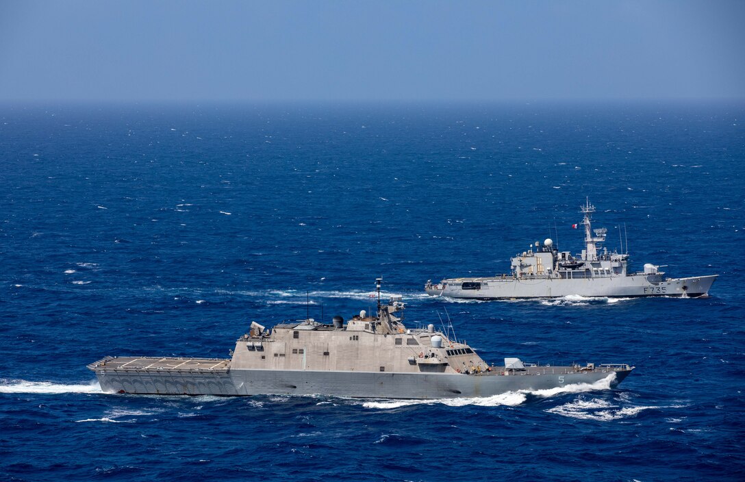 The Freedom-variant littoral combat ship USS Milwaukee (LCS 5) and French navy Floreal-class frigate FS Germinal (F 735) conduct a bilateral maritime exercise in the Caribbean Sea.