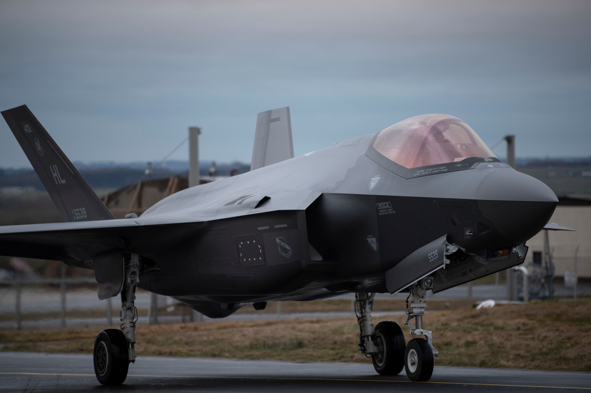 A U.S. Air Force F-35 Lightning II from the 34th Fighter Squadron at Hill Air Force Base, Utah, taxis after arriving at Spangdahlem Air Base, Germany, Feb. 16, 2022.