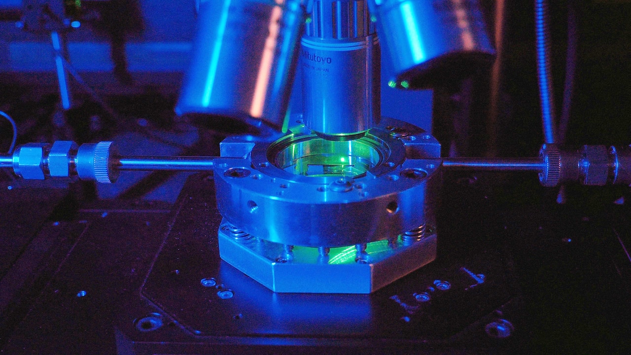 A device using laser beams is on display.