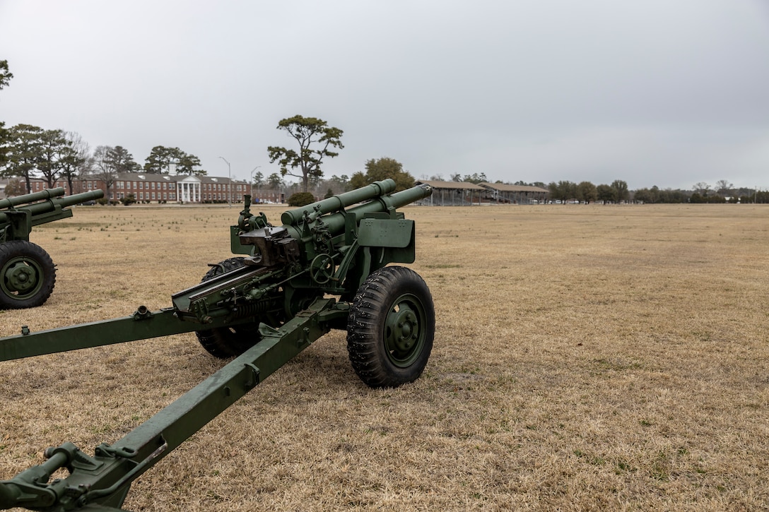 A 105mm cannon sits positioned to fire on W.P.T. Hill Field before a 21-gun salute in observance of President’s Day on Marine Corps Base Camp Lejeune, North Carolina, Feb. 21, 2022.