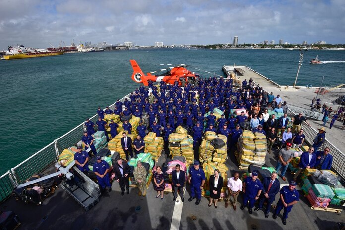 The Coast Guard Cutter James' crew offloaded approximately 54,500 pounds of cocaine and 15,800 pounds of marijuana, worth approximately $1.06 billion, Feb. 17, 2022, in Port Everglades, Fla. The ship’s crew set new records during their 90-day patrol for the largest single cocaine interdiction at 10,915 pounds, worth $206.4 million, and the largest single marijuana interdiction at 3,962 pounds, worth $3.59 million, which is the greatest amount of contraband interdicted during an Eastern Pacific patrol. (U.S. Coast Guard Photo by Petty Officer 3rd Class Jose Hernandez).