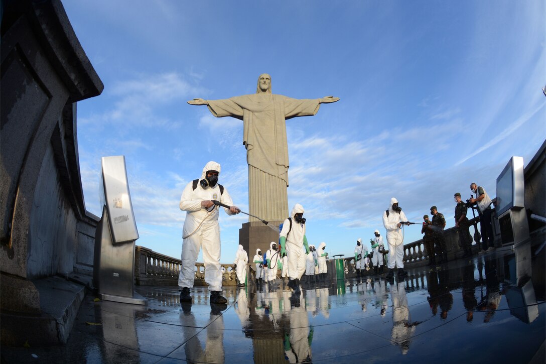Disinfection to reopen and receive visitors and tourists at Christ the Redeemer in the fight against the Covid-19 coronavirus in Rio de Janeiro Brazil. (Photo by: Jorge hely veiga on Shutterstock ID: 1795421221. April 28, 2020)