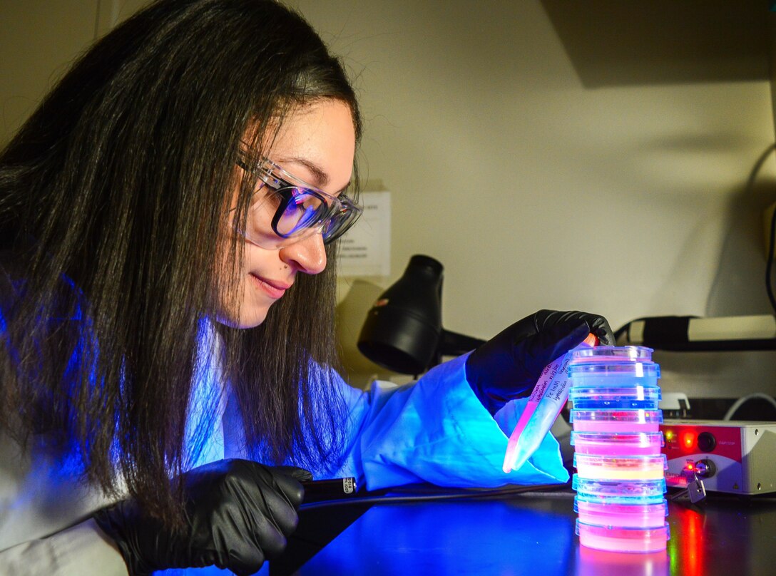 Biologist Rebecca Jimenez infuses gel samples with fluorescent properties in order to discover technology solutions to protect Soldiers
