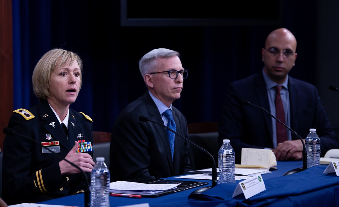 U.S. Army Brig. Gen. Michael J. Talley, commander of the U.S. Army Medical Research and Development Command and Fort Detrick, U.S. Army Col. Wendy Sammons-Jackson, director of USAMRDC’s Military Infectious Disease Research Program, Dr. Nelson Michael, director of the Center for Infectious Disease Research at the Walter Reed Army Institute of Research, and Dr. Kayvon Modjarrad, director of Emerging Infectious Diseases at the Walter Reed Army Institute of Research