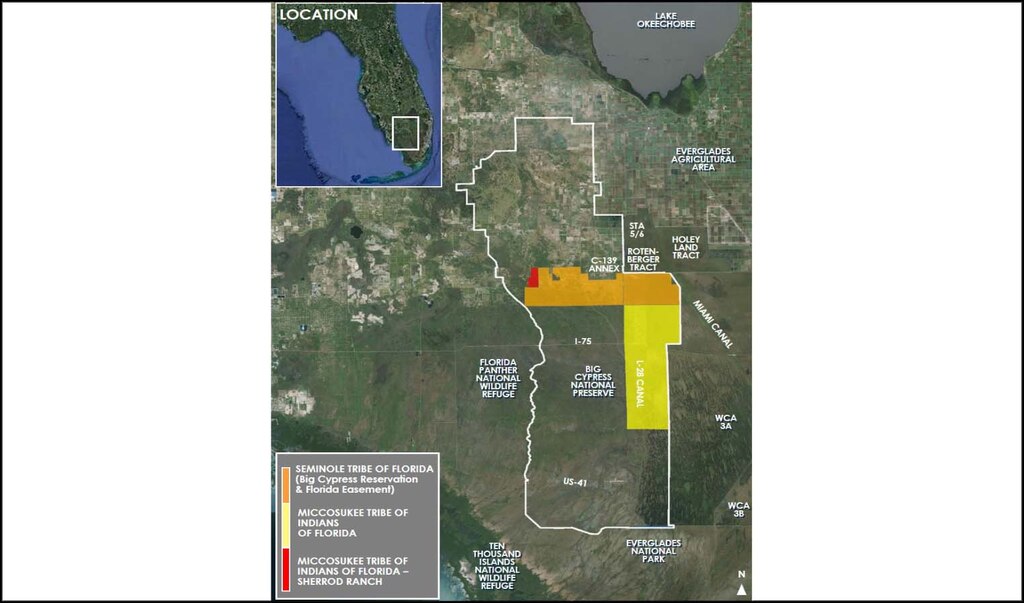 The Western Everglades Restoration Project is part of the Comprehensive Everglades Restoration Plan and is cost-shared between the U.S. Army Corps of Engineers and the South Florida Water Management District. The study area covers approximately 1,200 square miles, bounded by the L-1 Canal to the north; the L-2 canal, Stormwater Treatment Area 5/6, and the eastern boundary of the Miccosukee Tribe of Indians of Florida Reservation to the east; a natural watershed boundary to the west; and portions of U.S. Highway 41, Loop Road, and the southern Miccosukee Tribe of Indians of Florida Reservation area to the south.