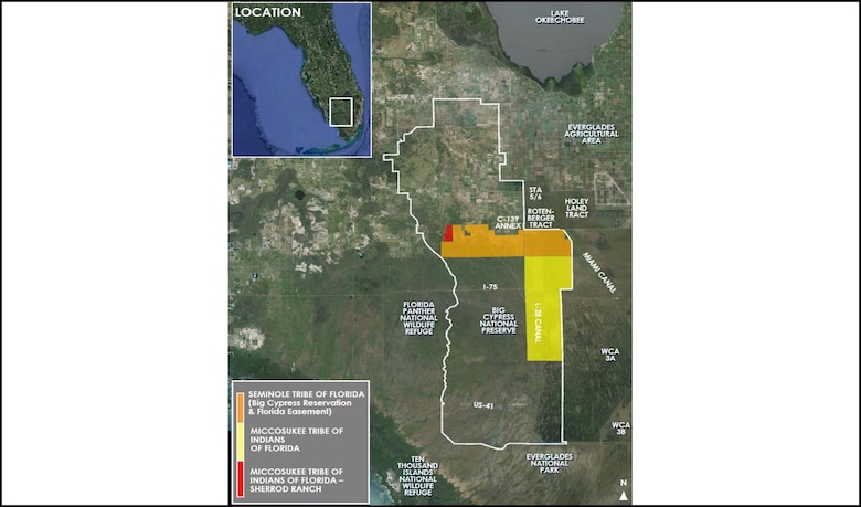 The Western Everglades Restoration Project is part of the Comprehensive Everglades Restoration Plan and is cost-shared between the U.S. Army Corps of Engineers and the South Florida Water Management District. The study area covers approximately 1,200 square miles, bounded by the L-1 Canal to the north; the L-2 canal, Stormwater Treatment Area 5/6, and the eastern boundary of the Miccosukee Tribe of Indians of Florida Reservation to the east; a natural watershed boundary to the west; and portions of U.S. Highway 41, Loop Road, and the southern Miccosukee Tribe of Indians of Florida Reservation area to the south.