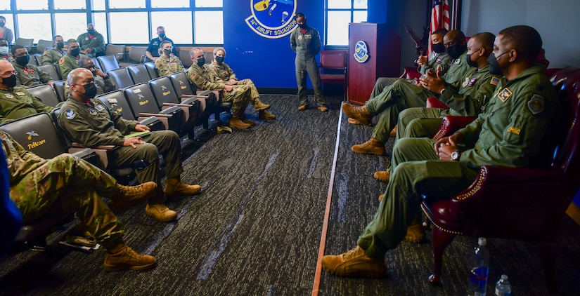 Tuskegee Airmen Officers engage attendees during a discussion panel at Joint Base Charleston, South Carolina, Feb. 18, 2022. The Accelerating the Legacy showcase honors the legacy of the heroic Tuskegee Airmen in a two-day event highlighting professional development and community outreach.