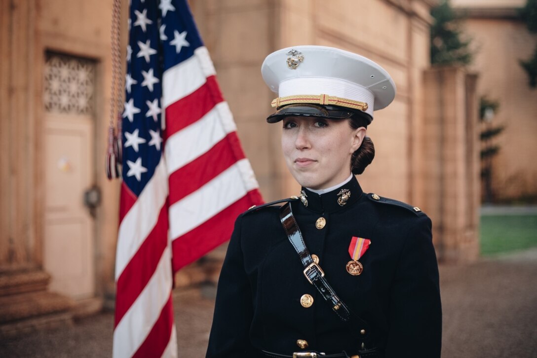 U.S. Marine Corps 2nd Lt. Keely Snyder poses for a photo after her commissioning ceremony in San Francisco, California Jan. 8, 2022. Snyder recently graduated from Southern New Hampshire University with a Bachelor’s of Science after completing the 10-week Officer Candidates School and is preparing to leave for The Basic School in May 2022. (U.S. Marine Corps photo by Sgt. Alina Thackray)
