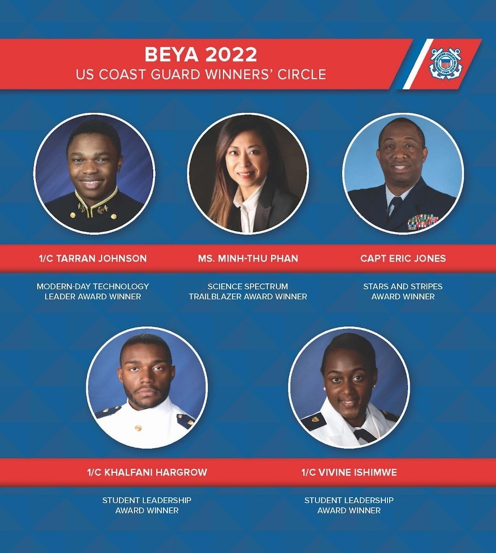 Five extraordinary leaders representing the U.S. Coast Guard were honored for their excellence in Science, Technology, Engineering, and Math (STEM) during the 2022 Black Engineer of the Year Awards (BEYA) Global Competitiveness Conference in Washington, D.C.